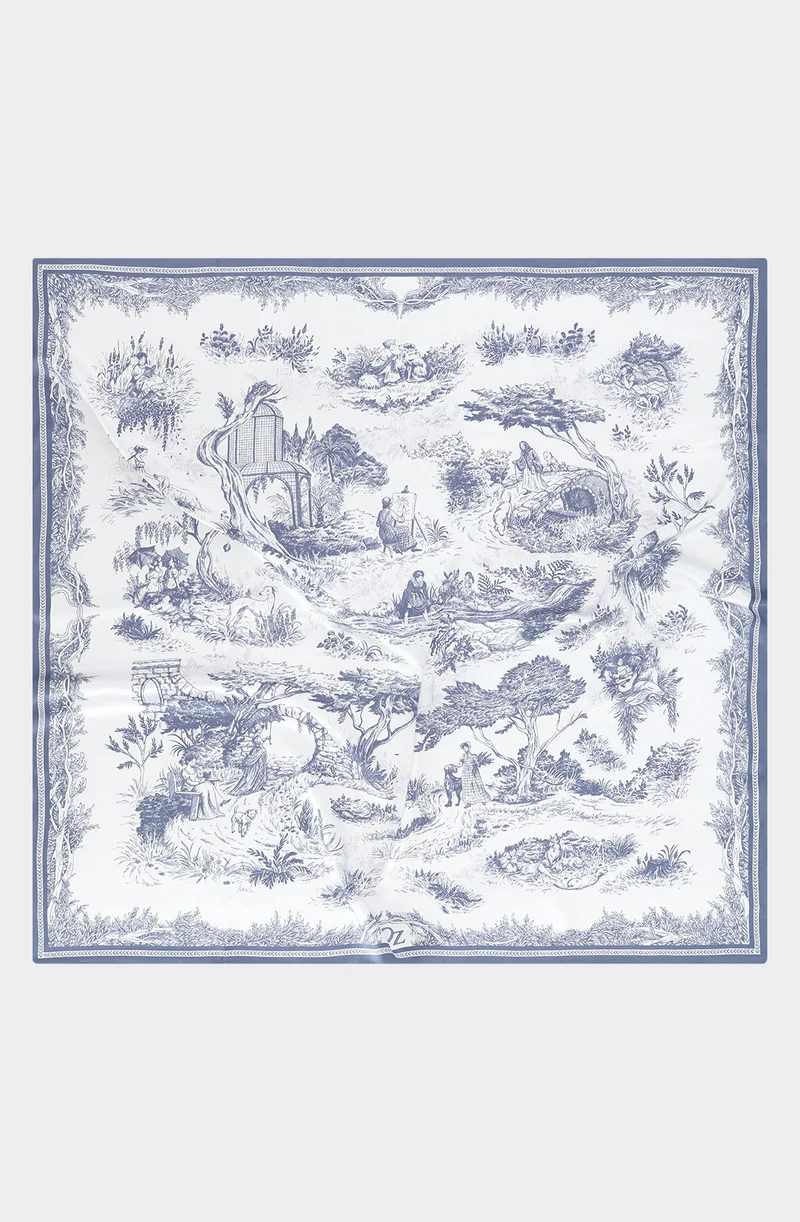 Silk Scraf 90 "Toile de Jouy" Blue