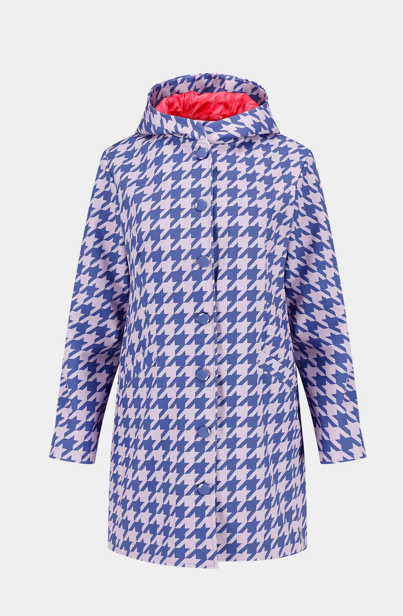 Blue houndstooth polyester waterproof coat with hood