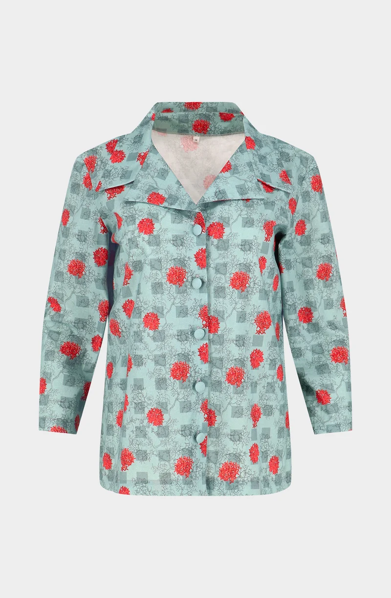 Green plaid cotton 3/4 sleeved shirt