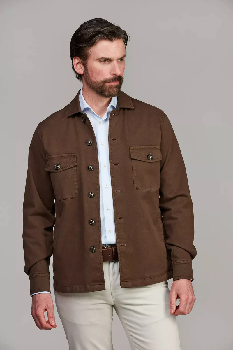 HERRINGBONE STRETCH OVERSHIRT - BROWN 67