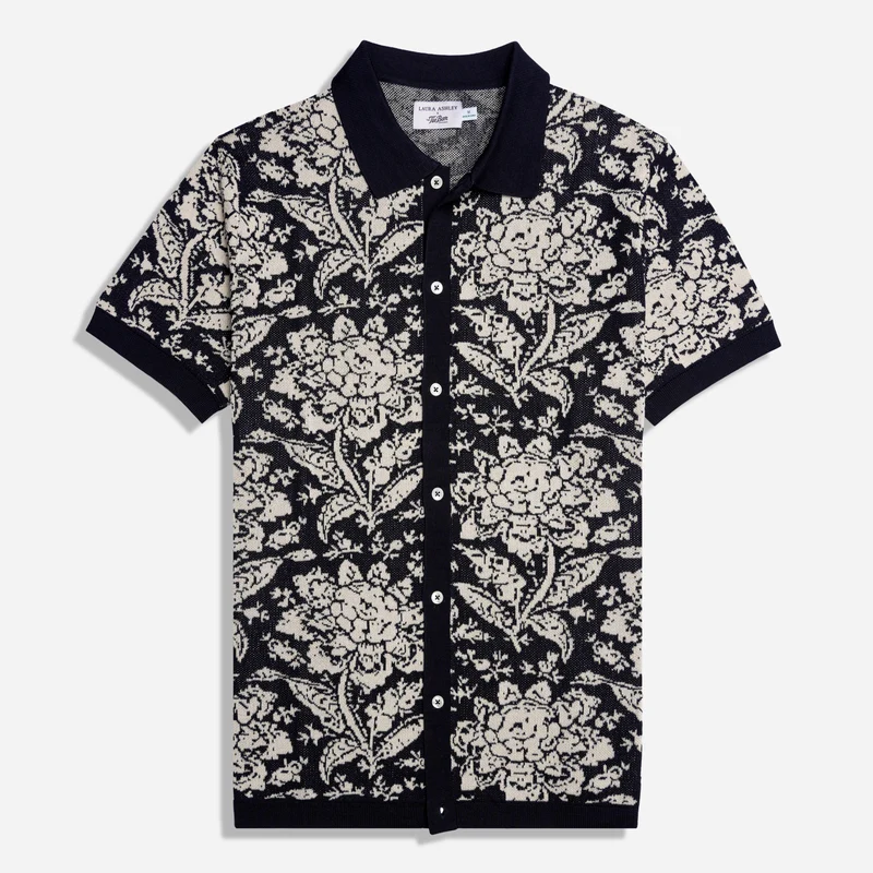Laura Ashley X The Tie Bar Floral Full Placket Navy Polo