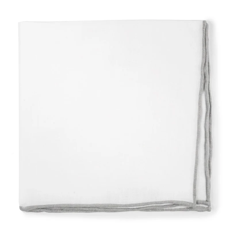 White Linen With Rolled Border Silver Pocket Square