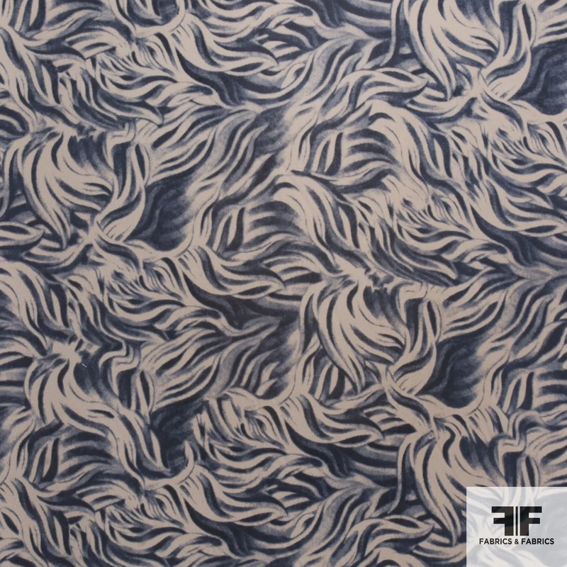 Brushstroke Leaf Silk Printed Georgette - Blue/Tan