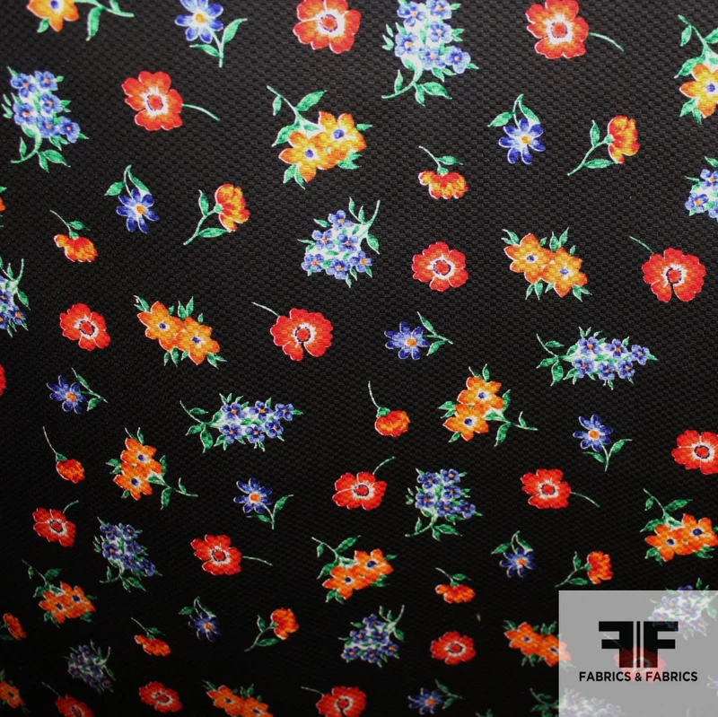 Multicolor Floral Bouquet Printed Cotton Pique - Black