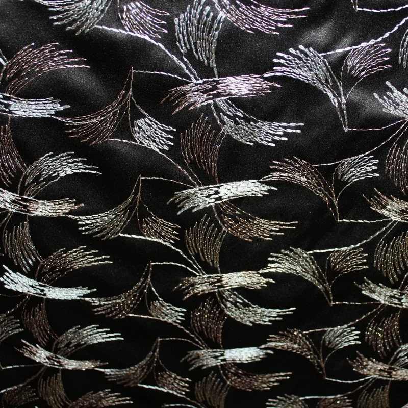 Polyester Satin with Bird-Look Embroidery - Black/Silver
