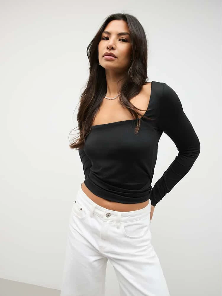 Black Soft Touch Slinky Nylon Square Neck Long-sleeve T-Shirt