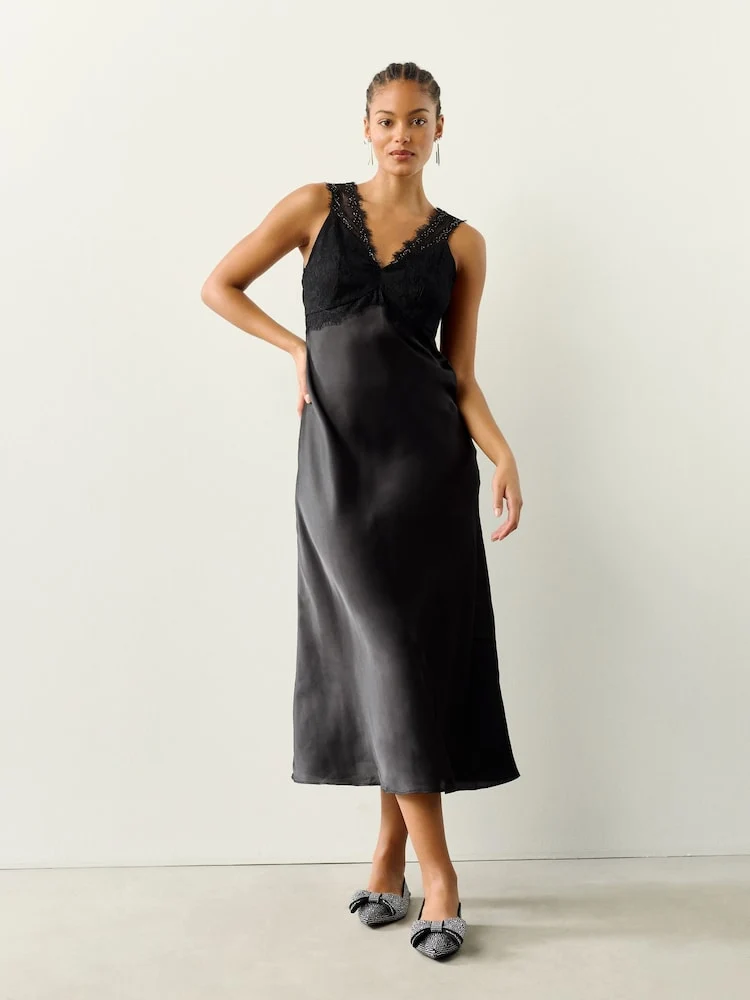 Black Lace V- Neck Satin Midi Dress