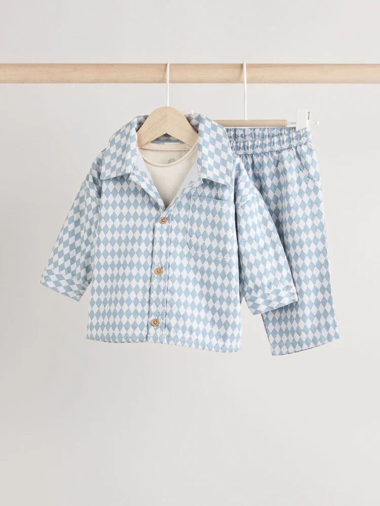 Blue Harlequin Baby Shirt And Trousers 100% Cotton Set 3 Piece