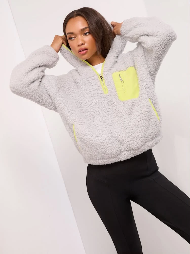 Lipsy Mocha Brown Cosy Borg Half Zip Hoodie