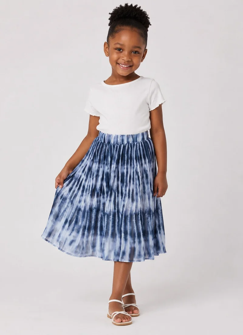 Blue Tie-Dye Pleated Chiffon Midi Skirt