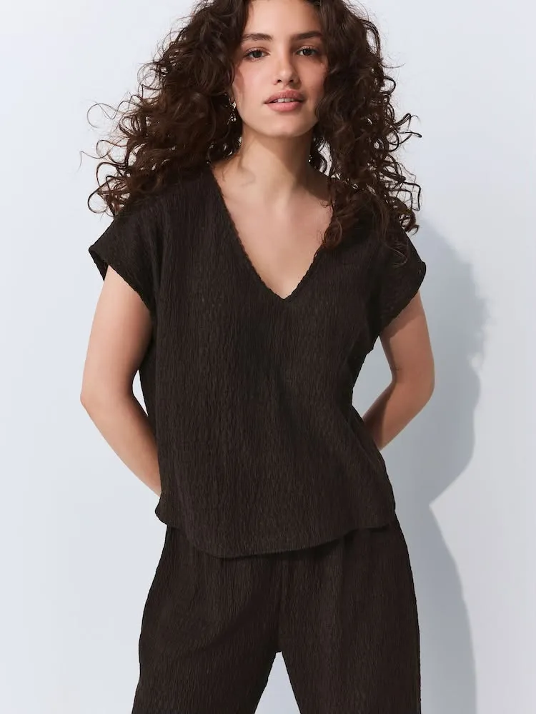 Chocolate Brown Textured Short Sleeve V-Neck T-Shirt