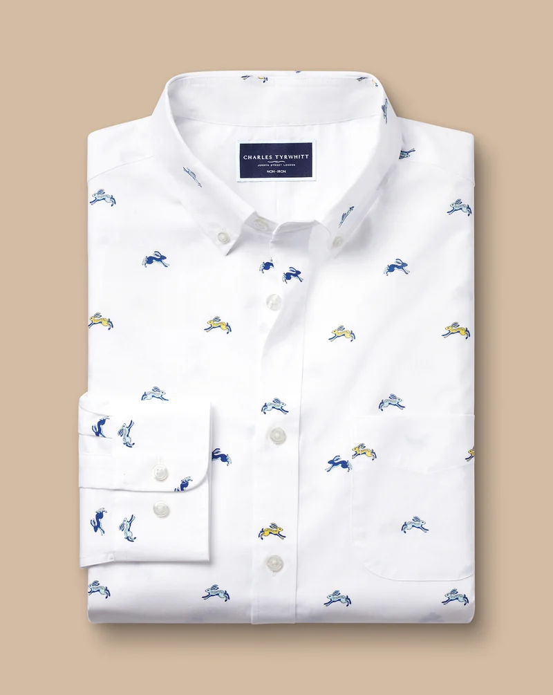 Button-Down Collar Non-Iron Stretch Hare Print Slim Fit Shirt - White
