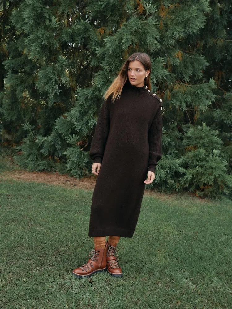 Chocolate Brown Stand Neck Knitted Midi Jumper Dress