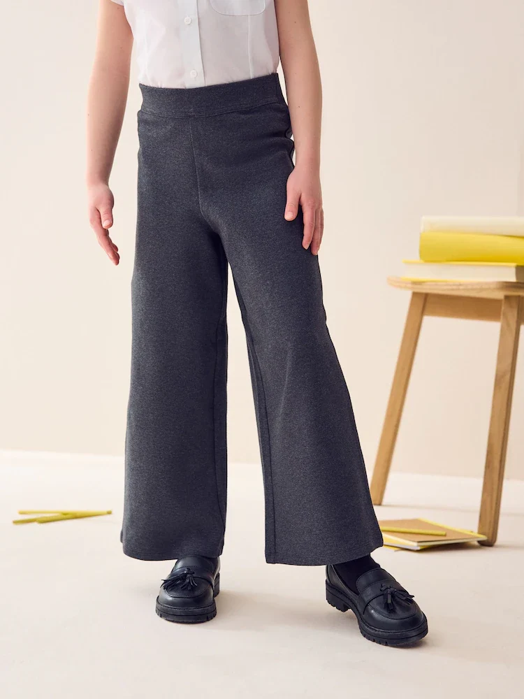 Grey Pull-On Cotton Rich Jersey Stretch Wide Leg Trousers