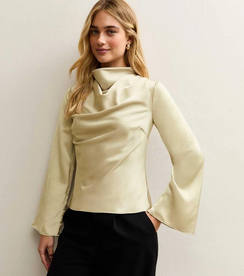 Cream Satin Cowl Neck Long Sleeve Top