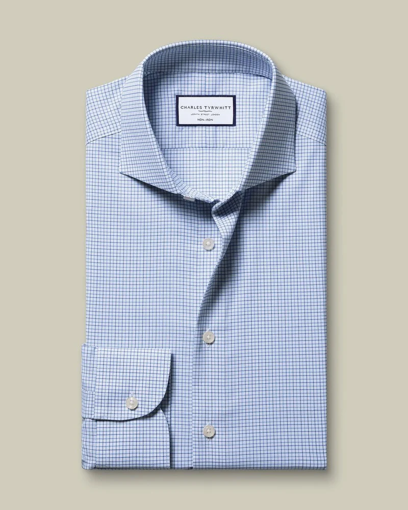 Non-Iron Twill Performance Check Slim Fit Shirt - Mid Blue