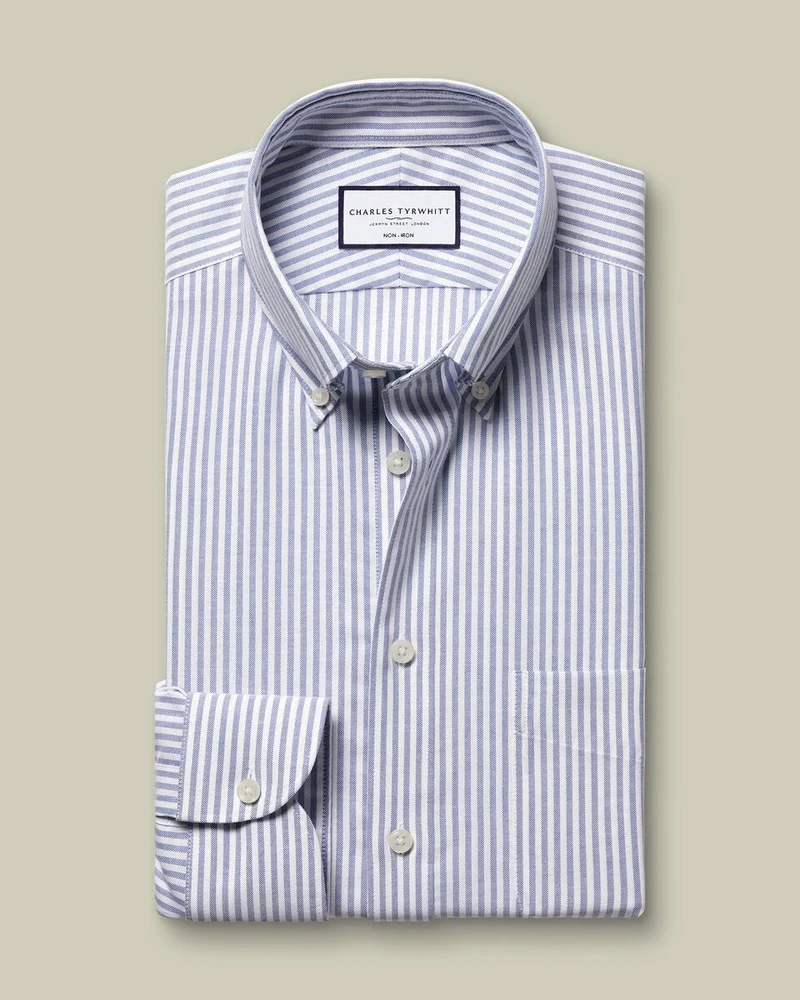 Non-Iron Stretch Oxford Stripe Slim Fit Shirt - Mid Blue
