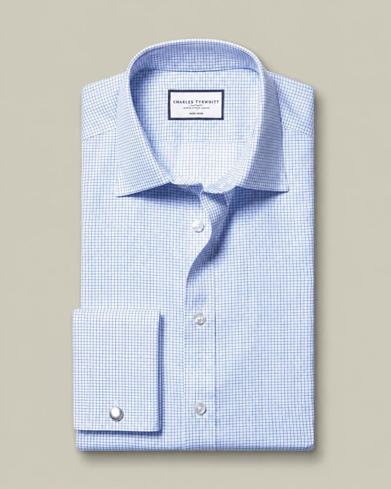 Double Cuff Non-Iron Twill Mini Grid Slim Fit Shirt - Cornflower Blue