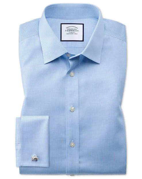 Double Cuff Cutaway Collar Non-Iron Puppytooth Slim Fit Shirt - Sky Blue
