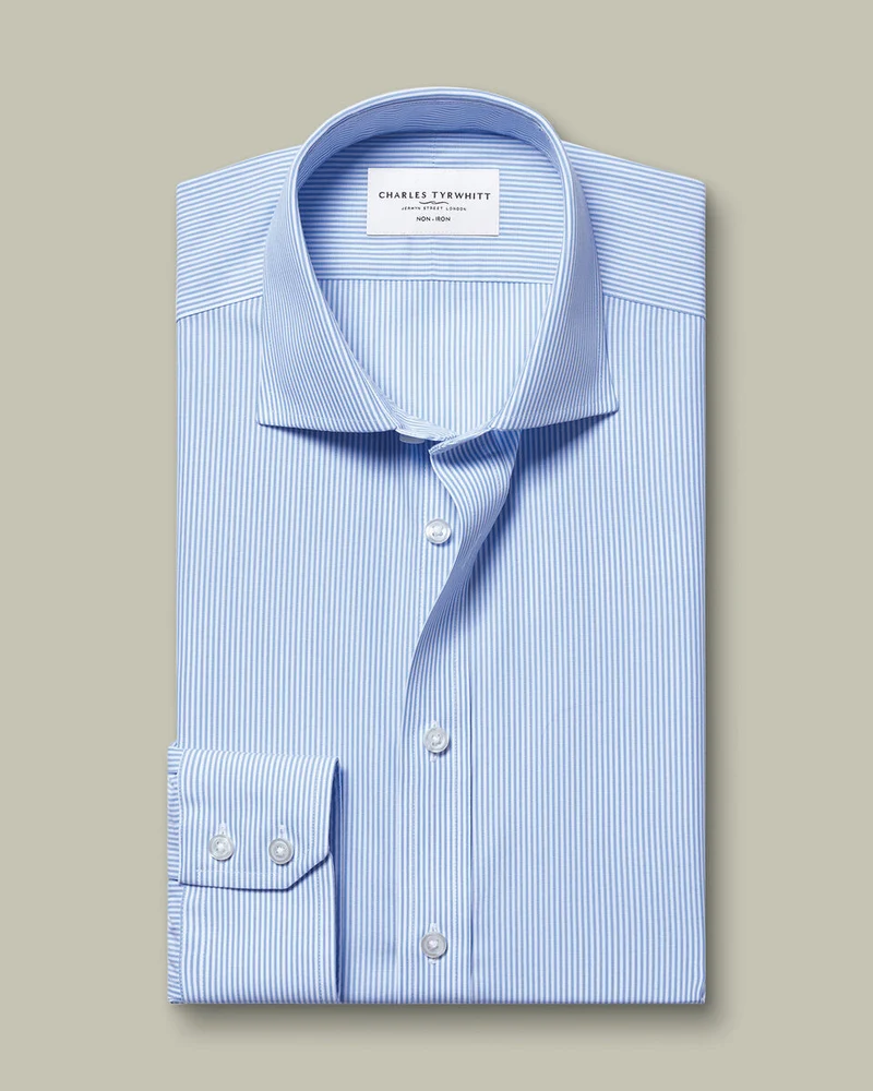 Non-Iron Stretch Poplin Bengal Stripe Extra Slim Fit Shirt – Cornflower Blue