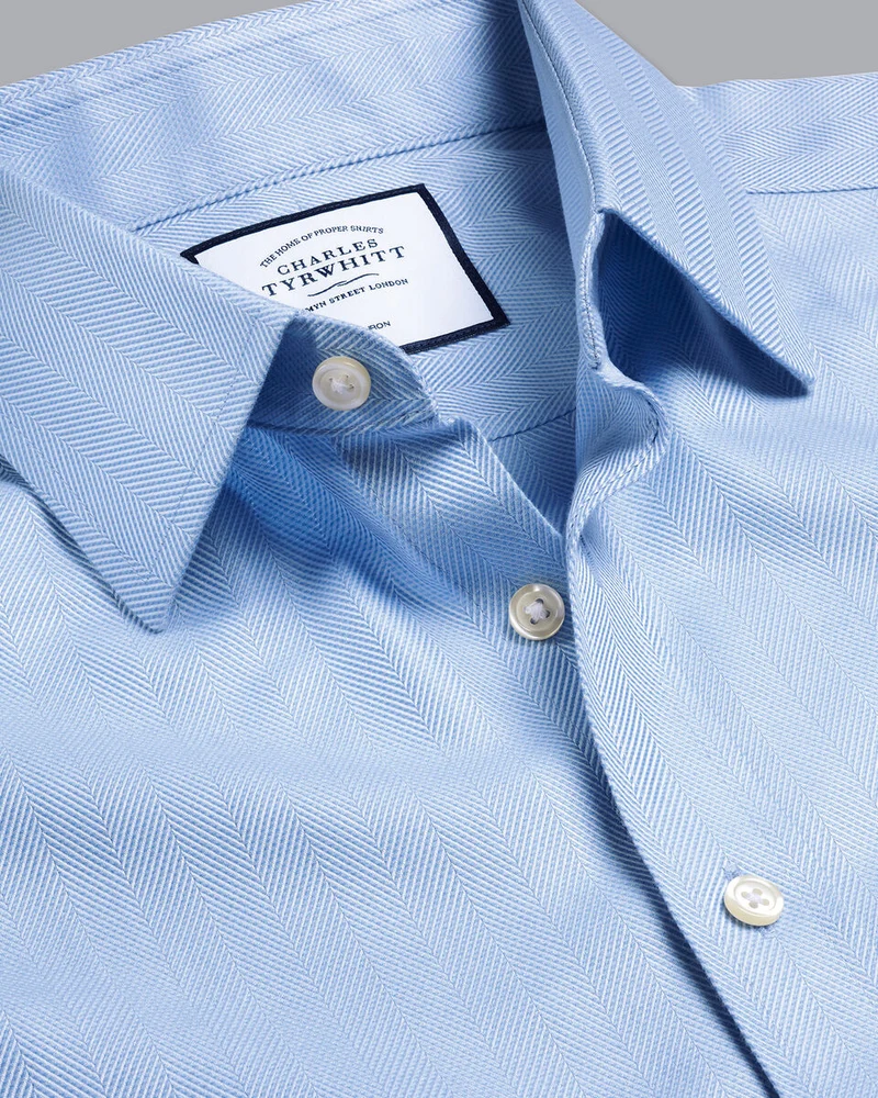 Double Cuff Herringbone Slim Fit Shirt - Sky Blue
