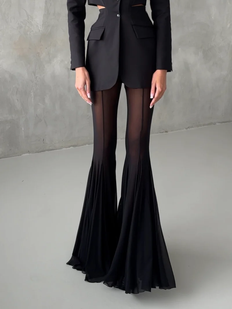 Elegant Mesh See-Through Flared Pants