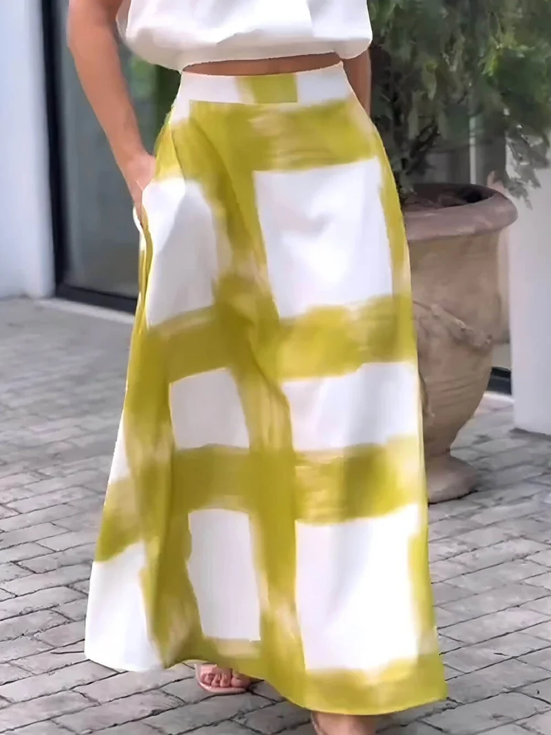 Classic Brushstroke Print Linen Pocket Skirt
