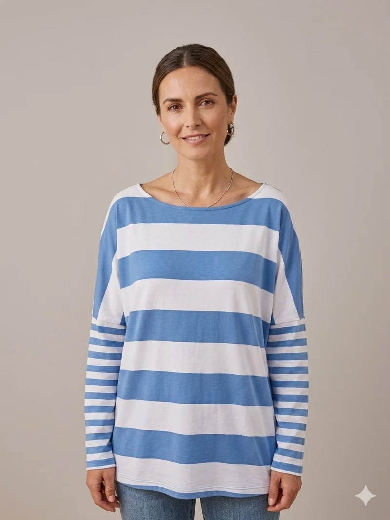 Classic Blue And White Striped Boatneck Shirt