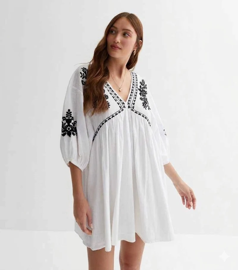 White Textured Embroidered Mini Smock Dress