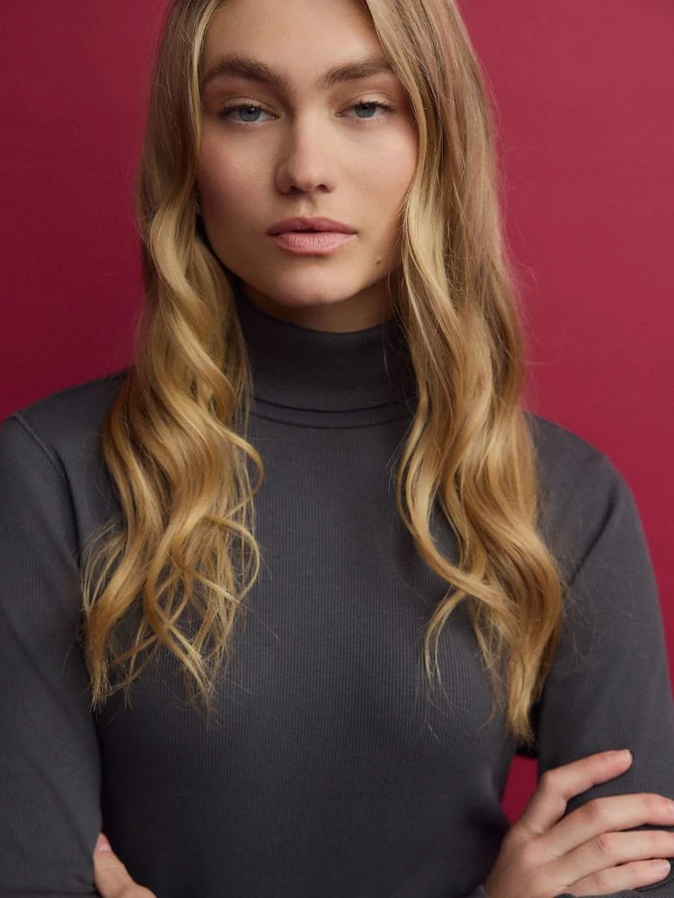 Slate Grey Long Sleeve Ribbed Roll Neck Bodysuit