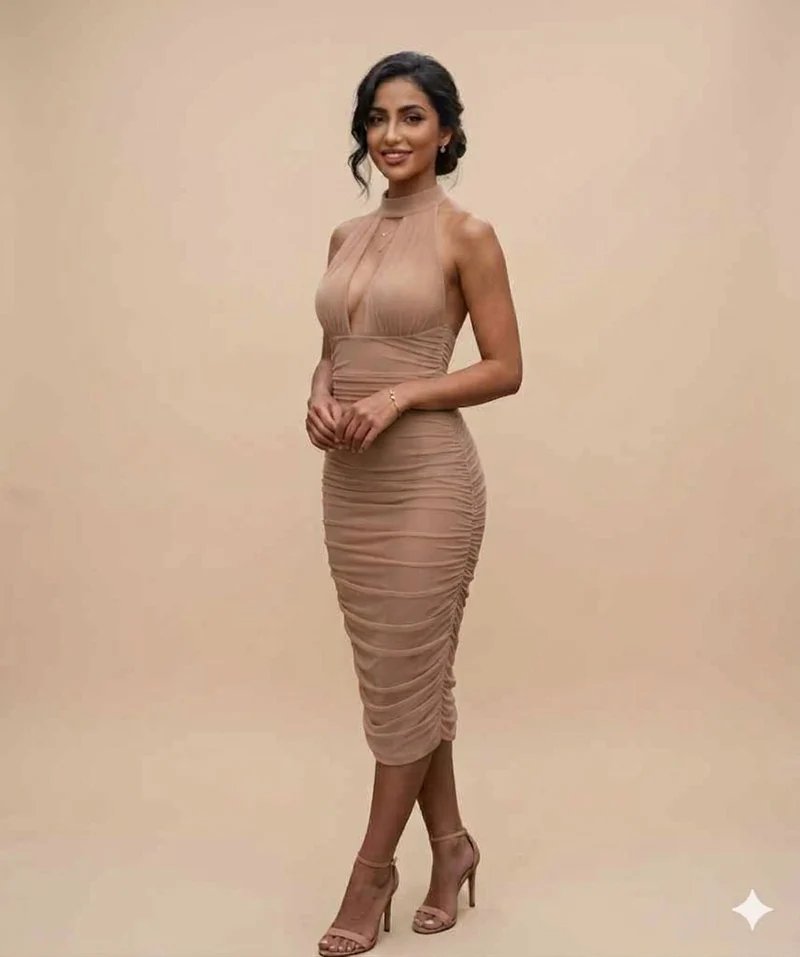 Nude Pink Ruched Halterneck Midi DRESS