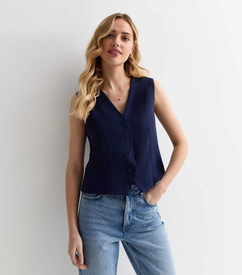 Navy Button Front Waistcoat