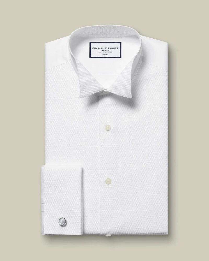 Double Cuff Wing Collar details Bib Front Slim Fit Shirt - White