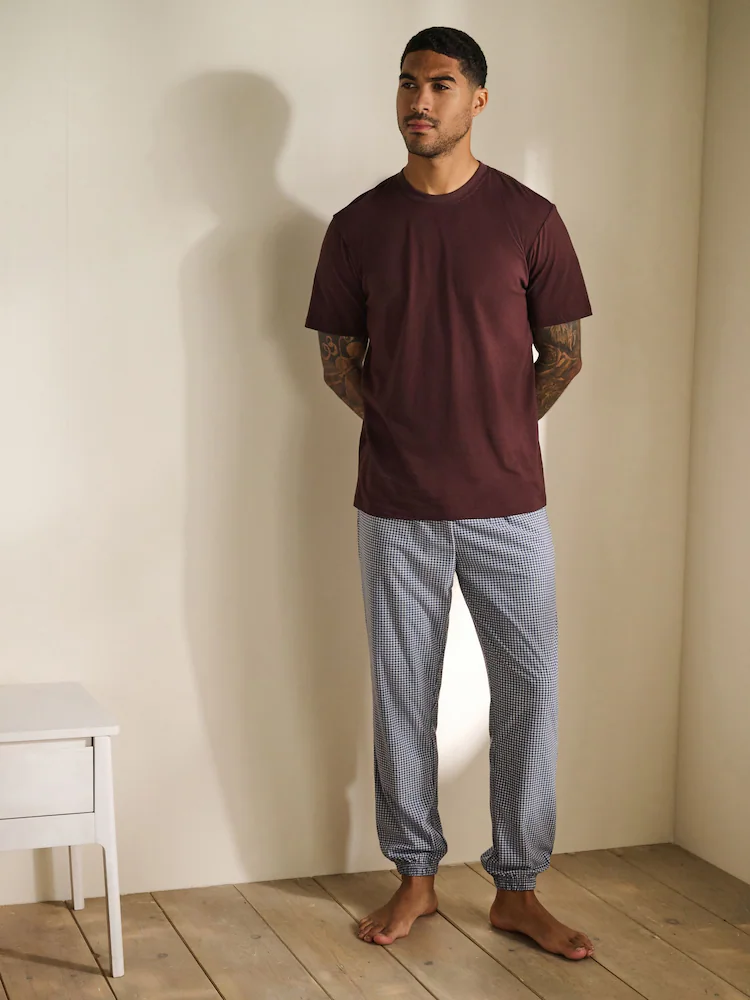 Blue Check Motionflex Cosy Short Sleeve Cuffed Pjamas