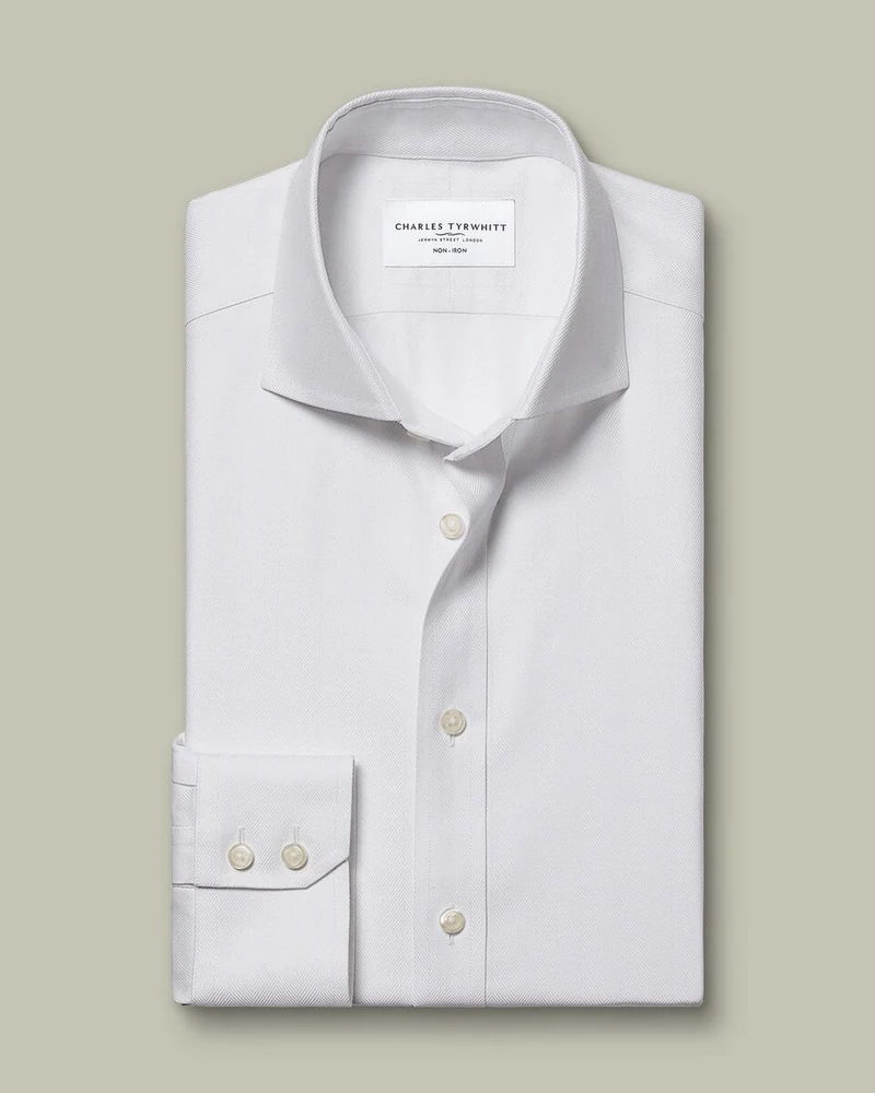 Semi Cutaway Non-Iron Herringbone Slim Fit Shirt - White