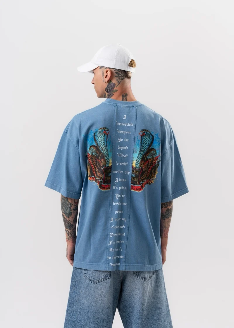 Snake Printed Washed Oversize T-Shirt Blue