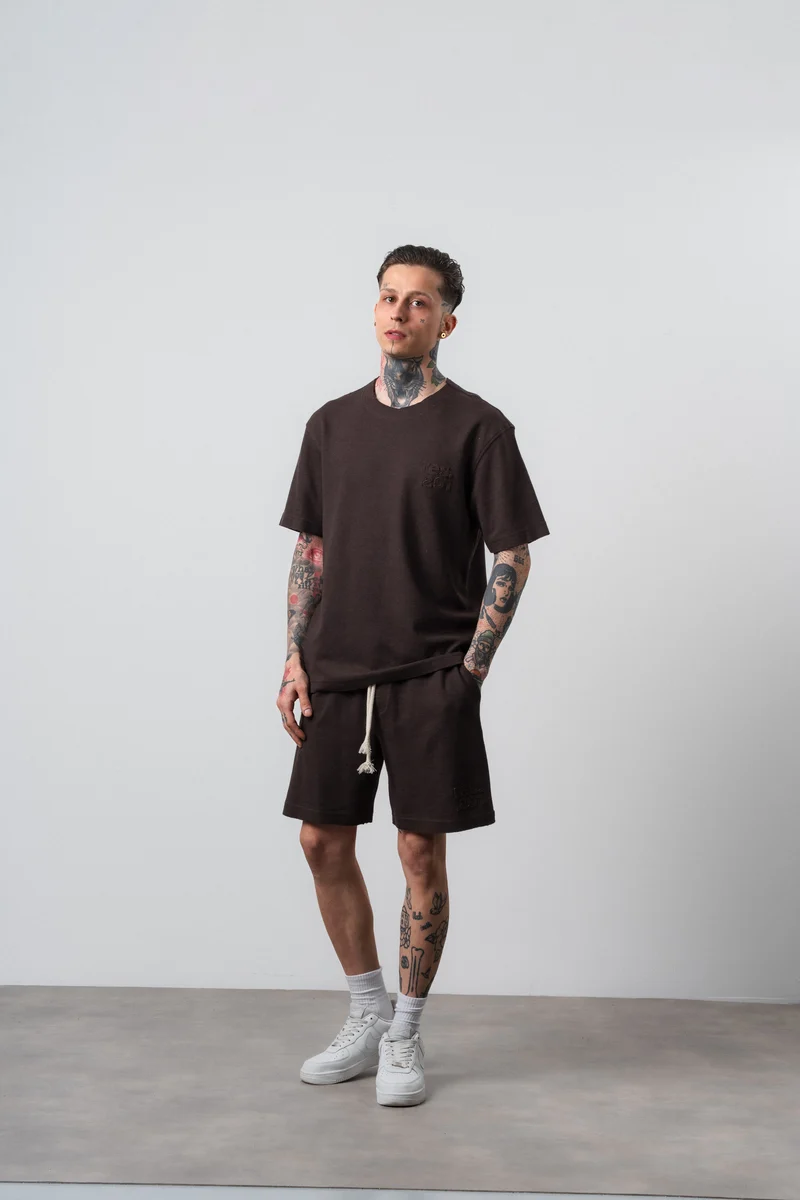 Men's Dirty Stitch Regular Fit T-Shirt and Shorts Set Brown