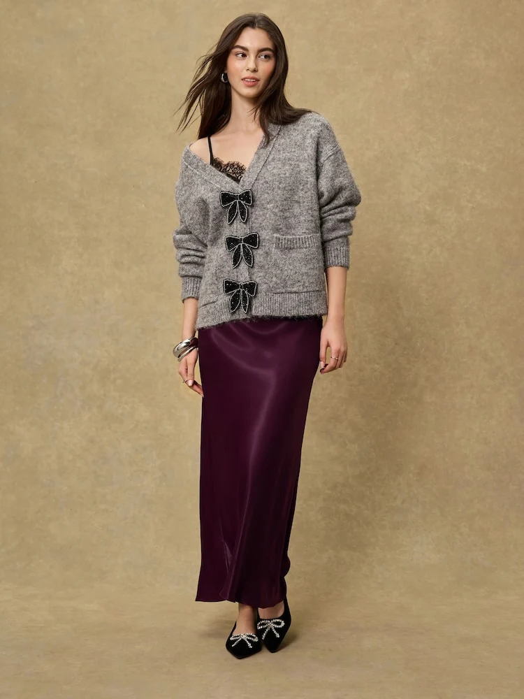 Burgundy Red Satin Midi Skirt