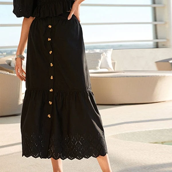 Black Button Through 100% Cotton Midi Skirt