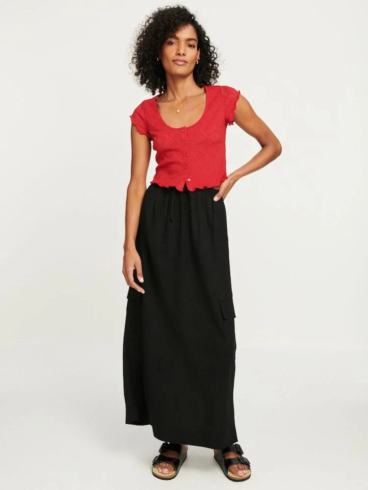 Black Column Midi Skirt With Linen
