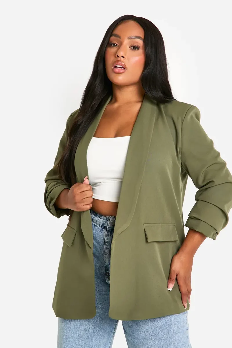 Plus Ruched Sleeve Lapel Detail Blazer