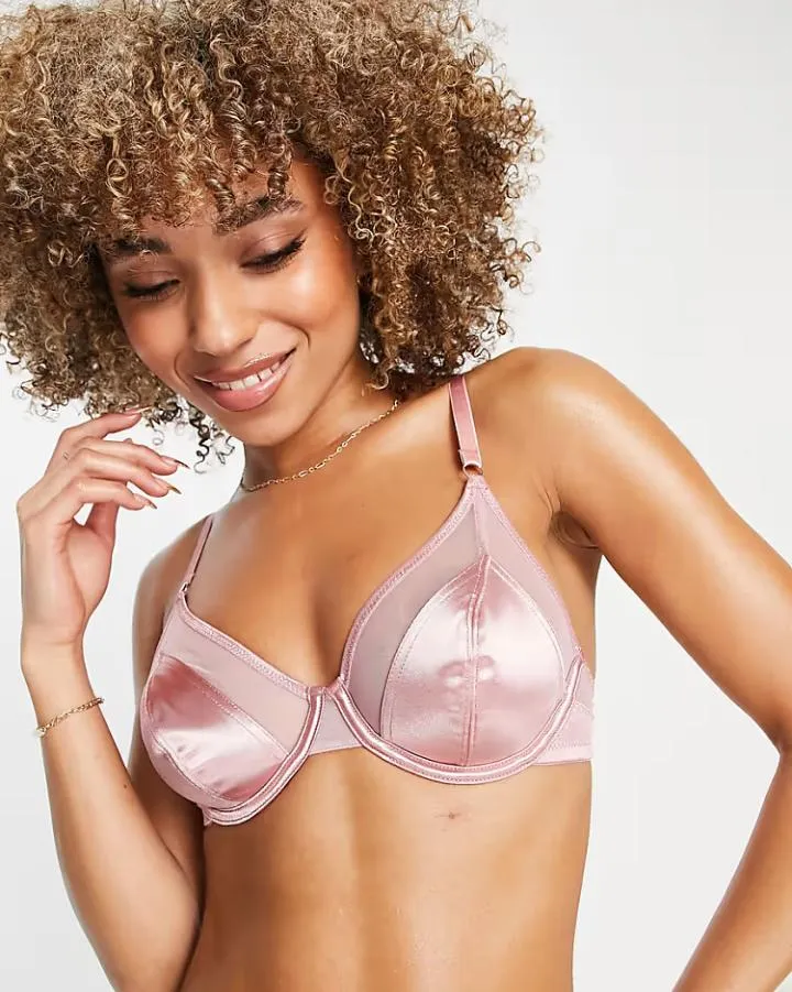 High Shine Satin Underwire Bra in Dusty Pink