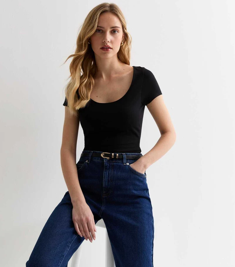 Black Short Sleeve Scoop Neck Bodysuit