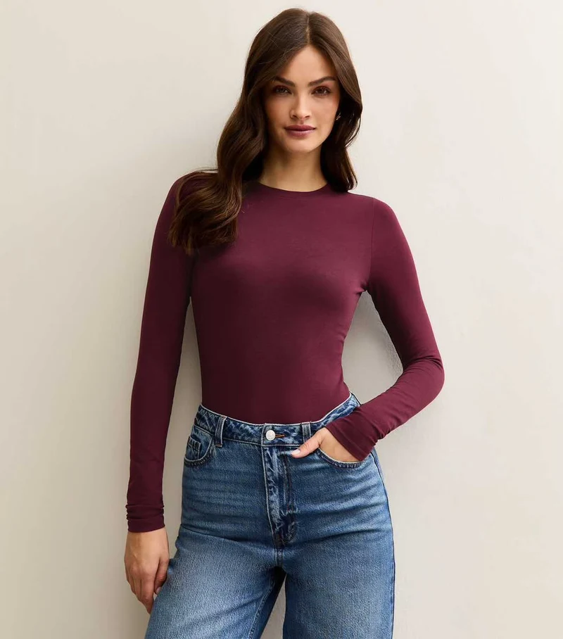 Tall Burgundy Stretchy Cotton Crew Neck Long Sleeve Bodysuit