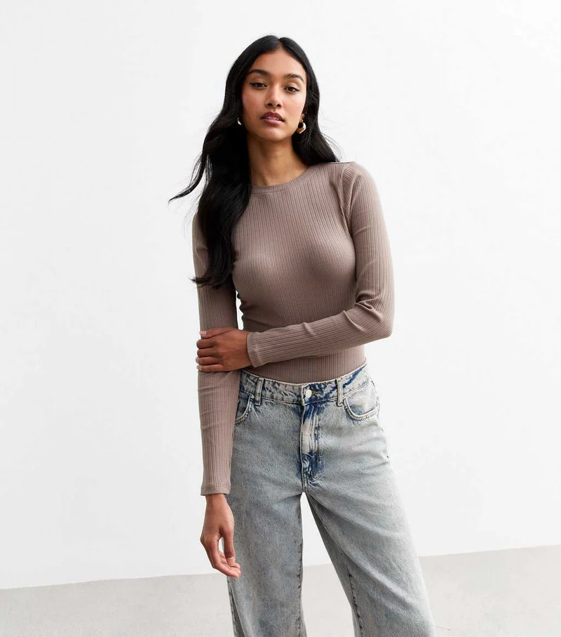 Mink Ribbed Cotton Blend Crew Neck Bodysuit