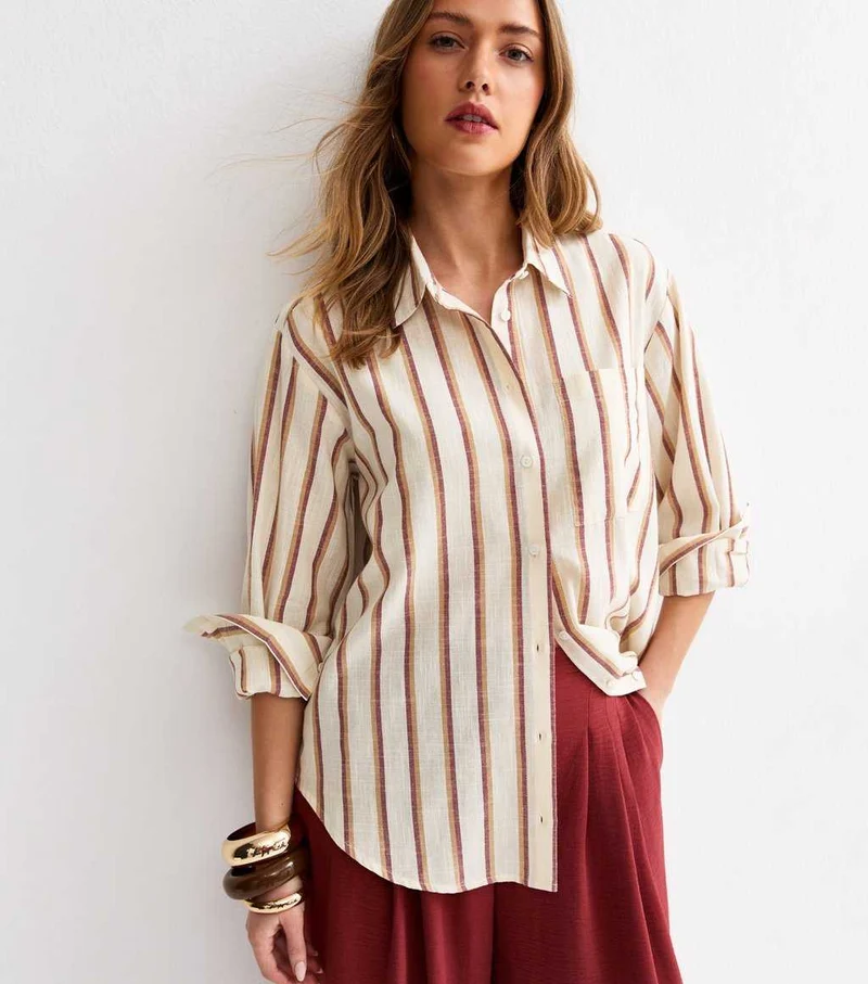 Cream Striped Cotton Long Sleeve Shirt