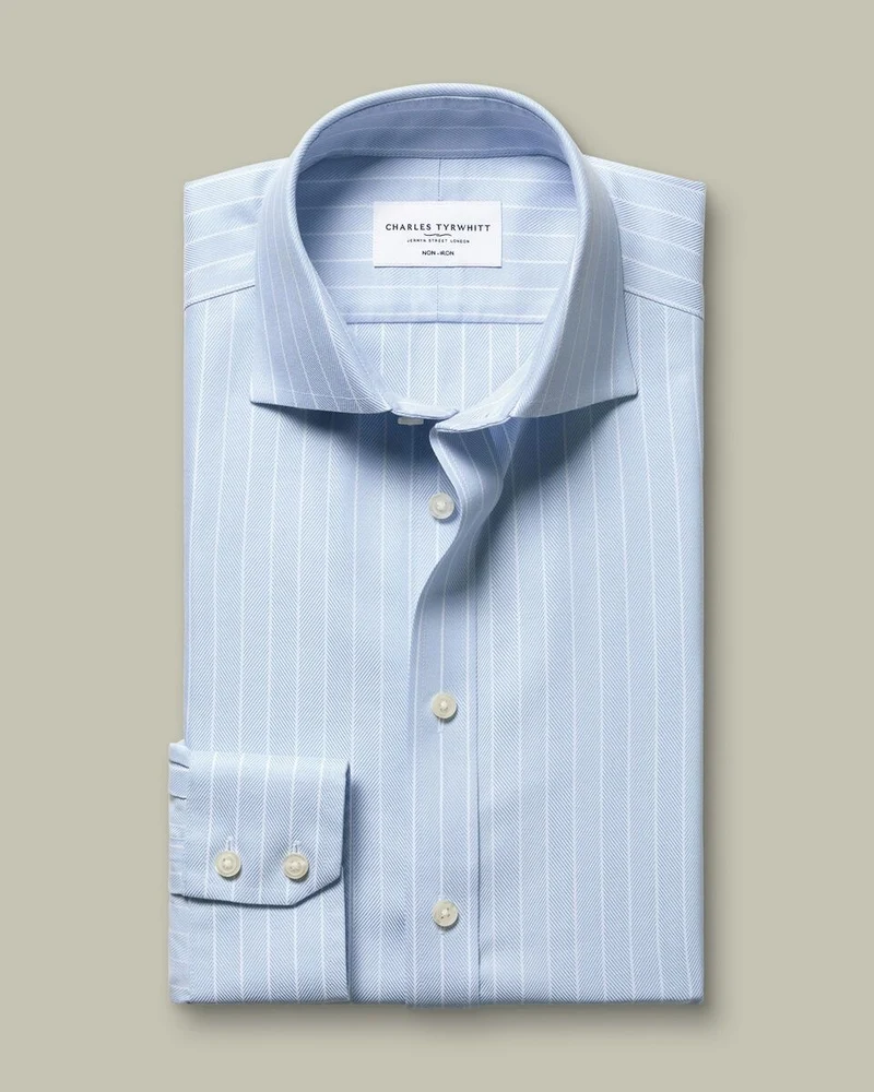 Cutaway Collar Non-Iron Herringbone Stripe Slim Fit Shirt – Light Blue