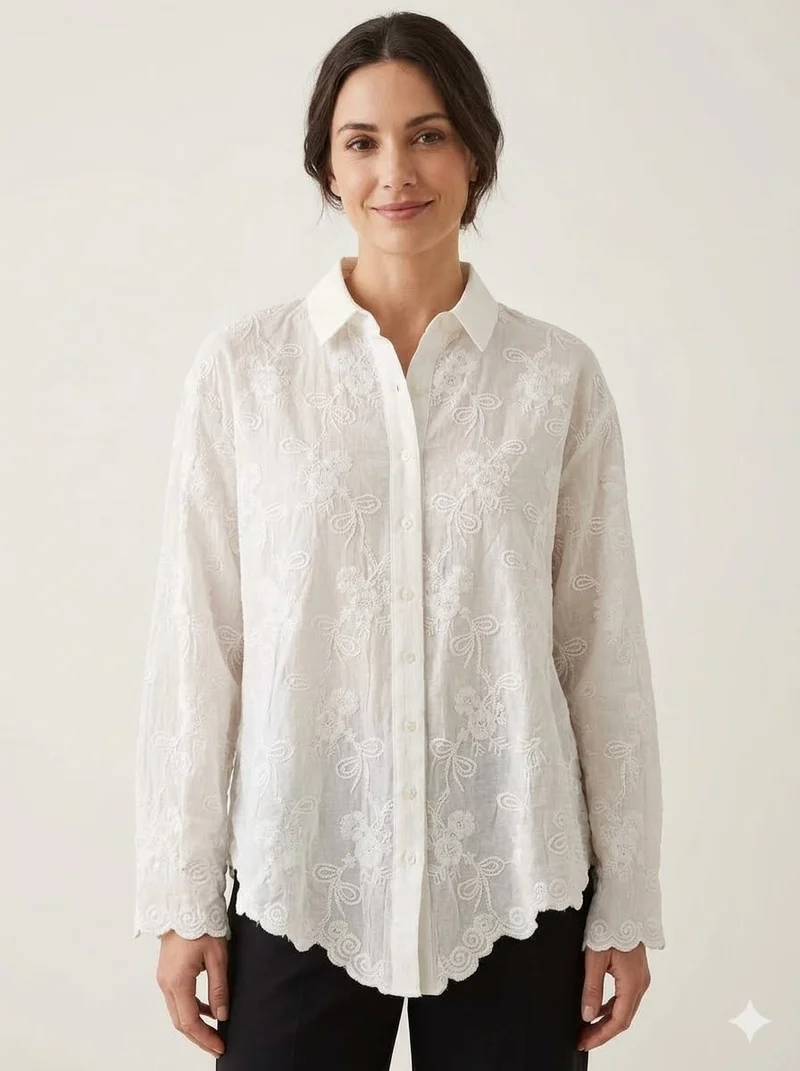 Cotton Floral Embroidered Shirt with Scalloped Rim