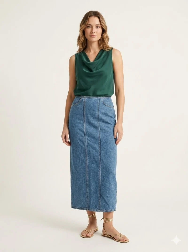 Denim Column Midi Skirt with Seam Detail.
