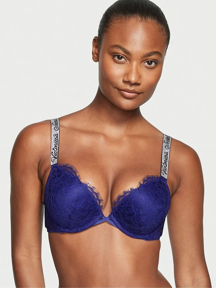 Night Ocean Blue Lace Shine Strap Add 2 Cups Push Up Bombshell Bra